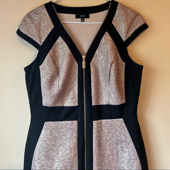 JAX Sheath Gold/Black Bodycon Dress SZ 6 Medium Short Sleeve Full Front Zipper - Picture 7 of 16